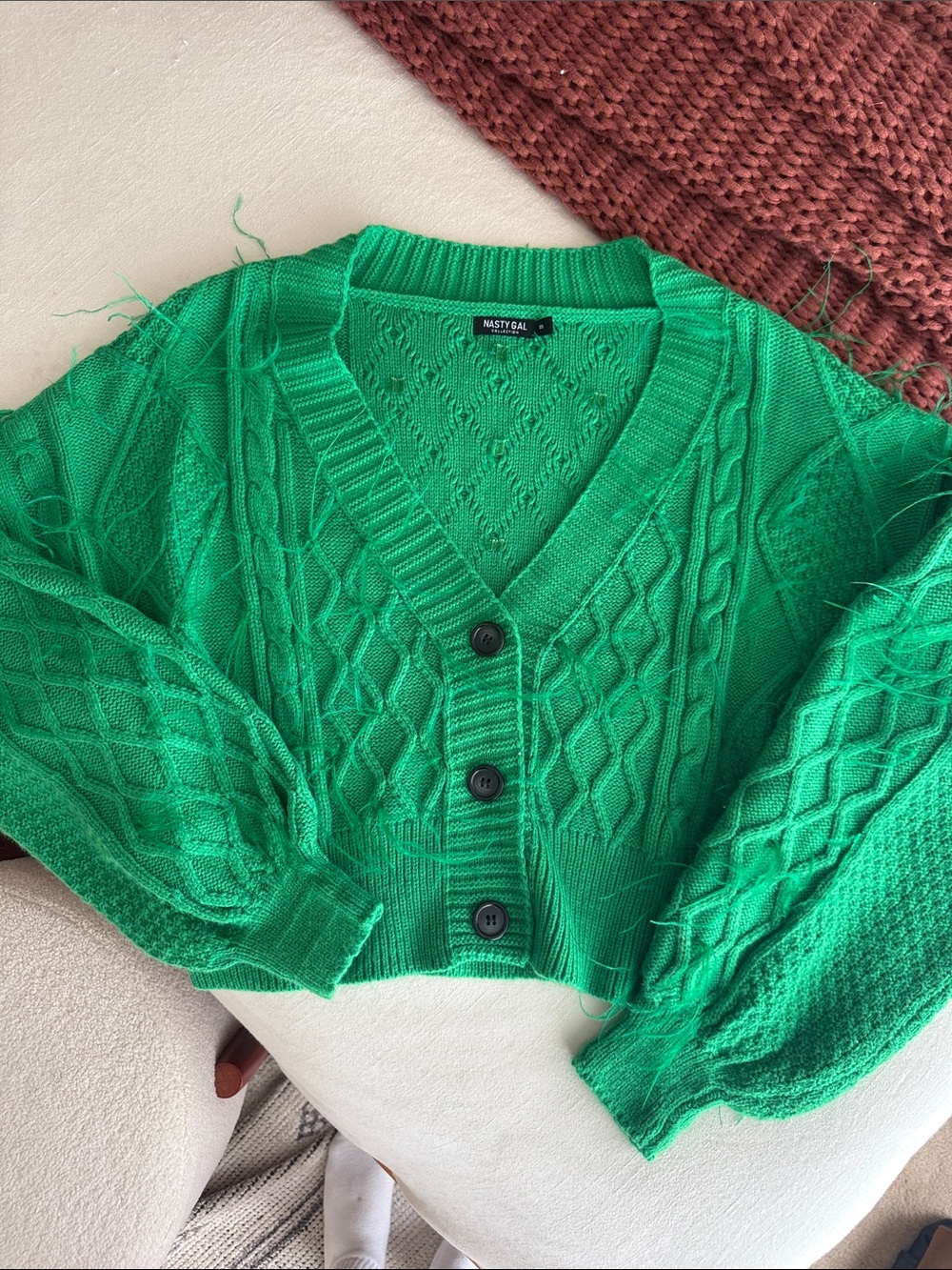 Nasty Gal Bright Green Cable Knit V-Neck Button Cardigan